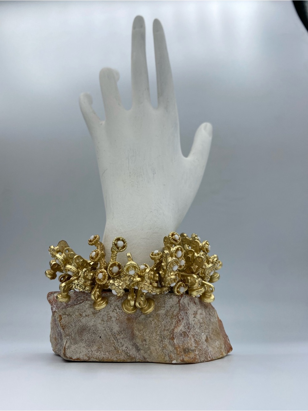Gold-Tone Cluster Stretchy Bracelet with White Cabochon Accents